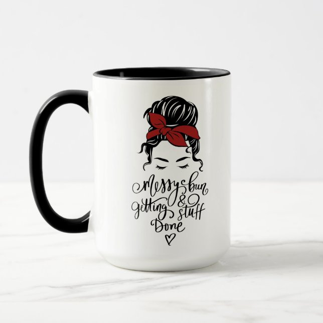 Cute Messy Bun Getting Stuff Done Black Mug (Left)