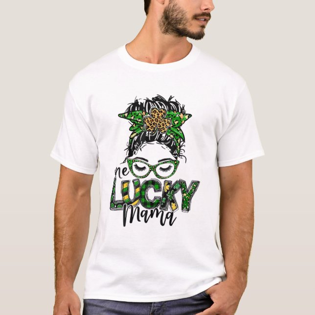Cute Messy Bun Leopard Plaid St Patrick's Day One T-Shirt (Front)