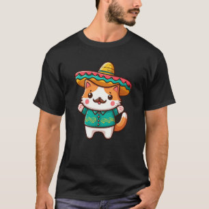 Cute Mexican Cat with Moustache and Mexican Hat T-Shirt