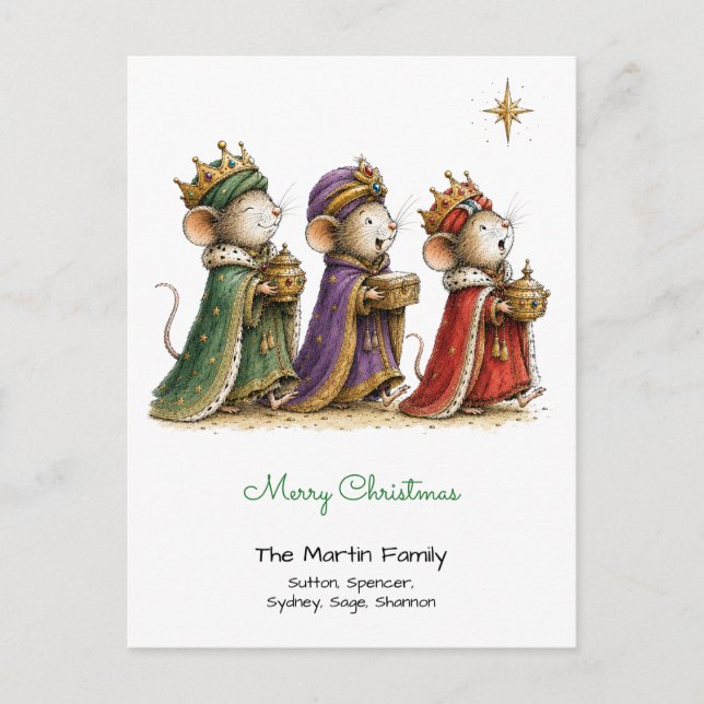 Cute Mice as Three Wise Men Merry Christmas Green Postcard (Front)