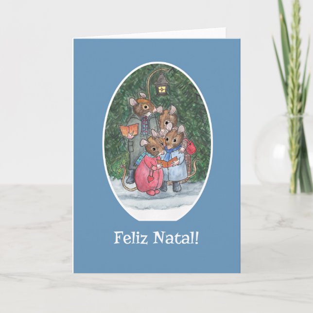 Cute Mice Carol Singers Portuguese Greeting Holiday Card (Front)