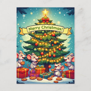 Cute Mice Cookies Christmas Tree Festive Cheerful Holiday Postcard