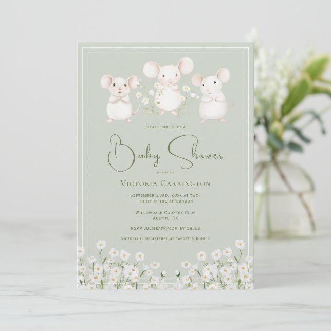 Cute Mice & Daisies Baby Shower Invitation (Standing Front)