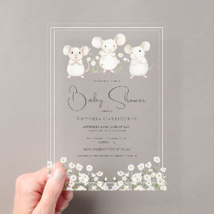 Cute Mice & Daisies Pink Baby Shower Acrylic Invitations