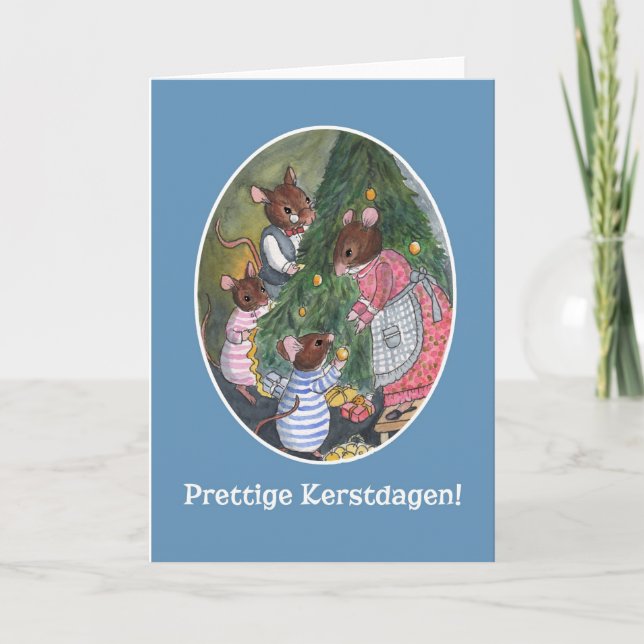 Cute Mice Decorating Christmas Tree Dutch Holiday Card (Front)