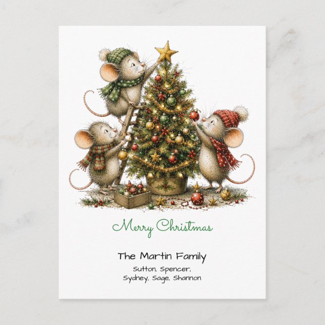 Cute Mice Decorating Tree Merry Christmas Green Postcard (Front)