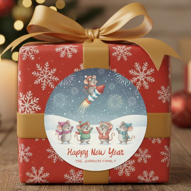 Cute Mice Happy New Year Fireworks Classic Round Sticker (Creator Uploaded)