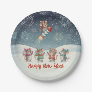 Cute Mice Happy New Year Fireworks Paper Plate