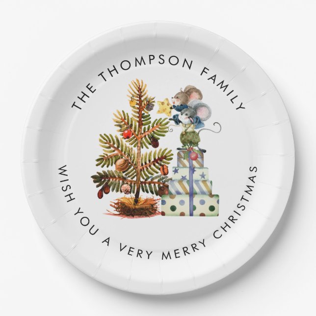 Cute Mice Merry Christmas Tree Name Paper Plate (Front)