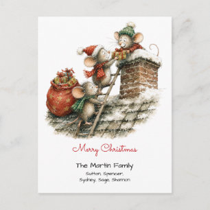 Cute Mice on Roof with Gifts Merry Christmas Postcard