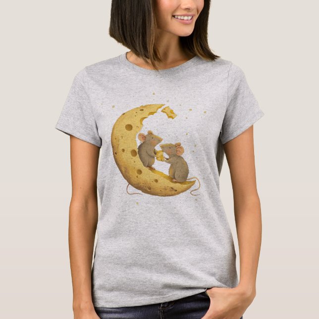 Cute Mice Sharing Cheese on the Moon T-Shirt (Front)