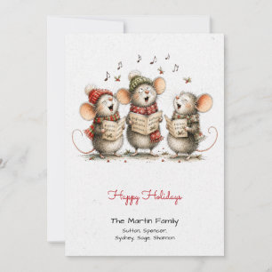 Cute Mice Singing Carols Red Happy Holidays Card