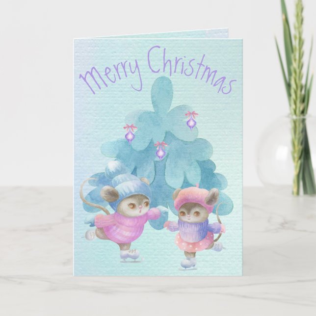 Cute Mice Skating Blue Modern Watercolor Painting Holiday Card (Front)