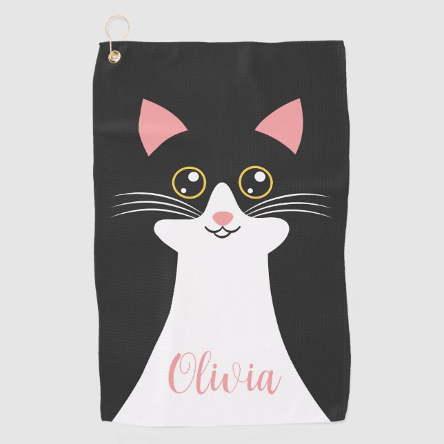 Cute Mid Century black cat portrait Golf Towel (Front)