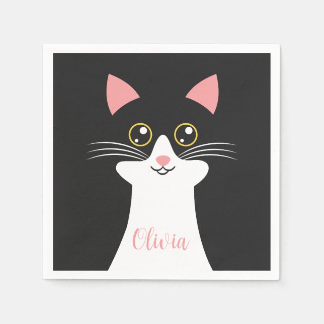 Cute Mid Century black cat portrait Napkin (Front)
