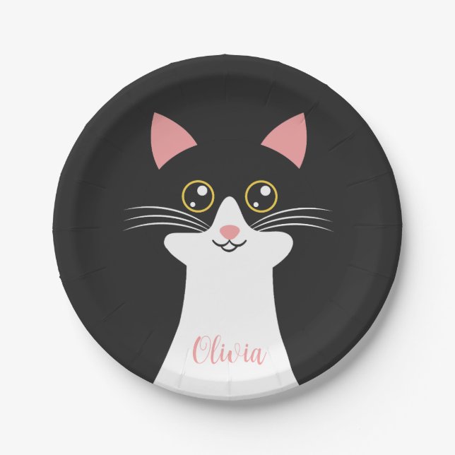 Cute Mid Century black cat portrait Paper Plate (Front)