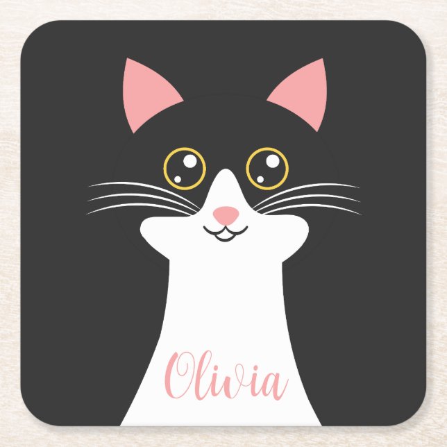 Cute Mid Century black cat portrait Square Paper Coaster (Front)