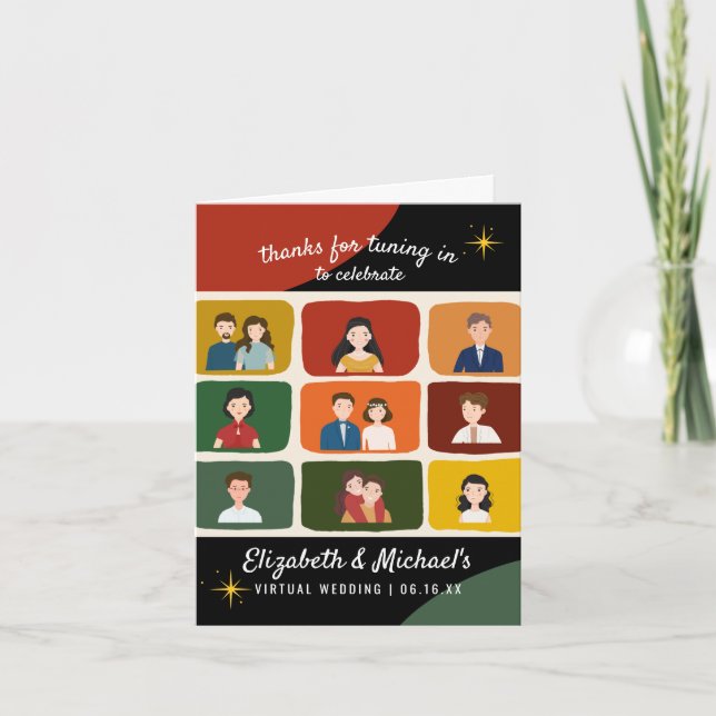 Cute Mid Century Style Virtual Video Wedding Photo Thank You Card (Front)