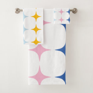 Cute Mid Mod Stars Pattern Minimalist Pink Yellow Bath Towel Set