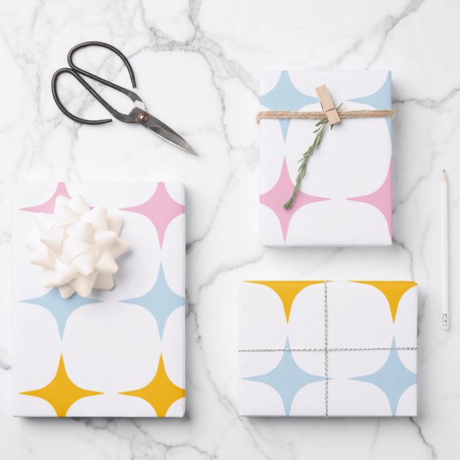 Cute Mid Mod Stars Pattern Minimalist Pink Yellow  Wrapping Paper Sheet (Front)