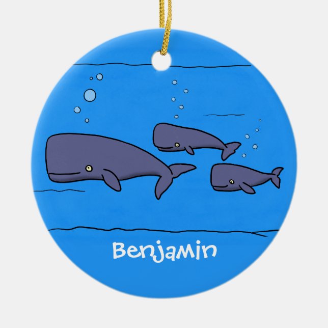 Cute migrating cartoon whales illustration ceramic tree decoration (Front)