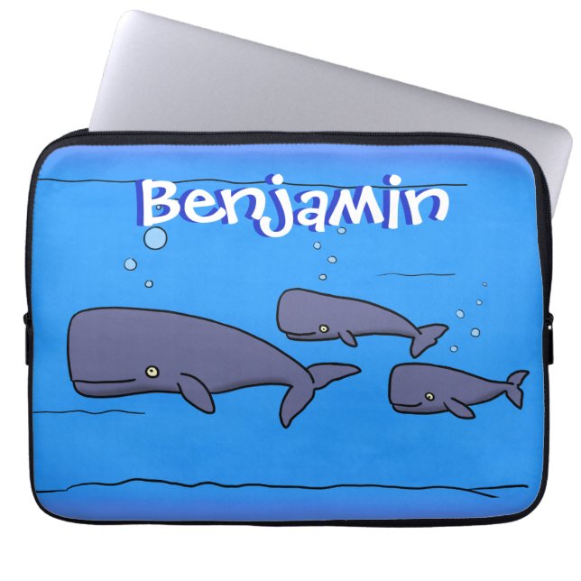 Cute migrating cartoon whales illustration laptop sleeve (Front)