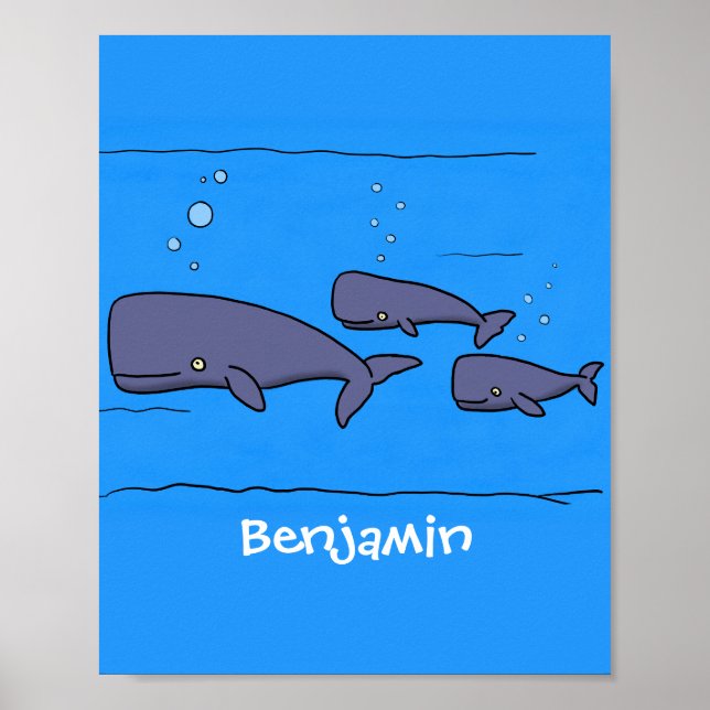 Cute migrating cartoon whales illustration poster (Front)