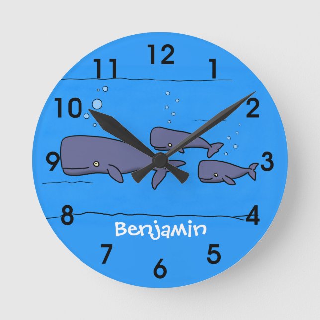 Cute migrating cartoon whales illustration round clock (Front)