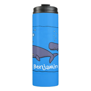 Cute migrating cartoon whales illustration thermal tumbler