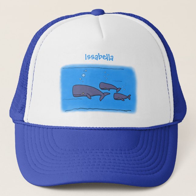 Cute migrating cartoon whales illustration trucker hat (Front)