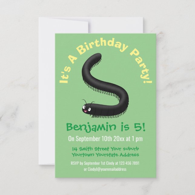 Cute millipede cartoon illustration invitation (Front)