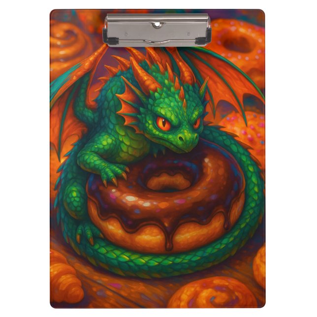 Cute Mini Green Dragon & Doughnut Fantasy Art Clipboard (Front)