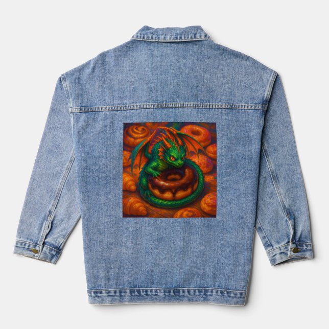 Cute Mini Green Dragon & Doughnut Fantasy Art Denim Jacket (Back)