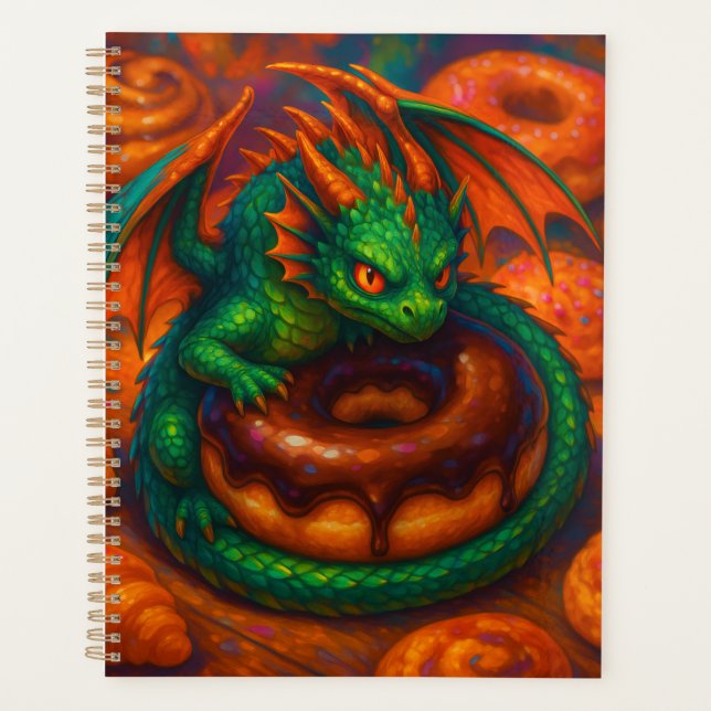 Cute Mini Green Dragon & Doughnut Fantasy Art Planner (Front)