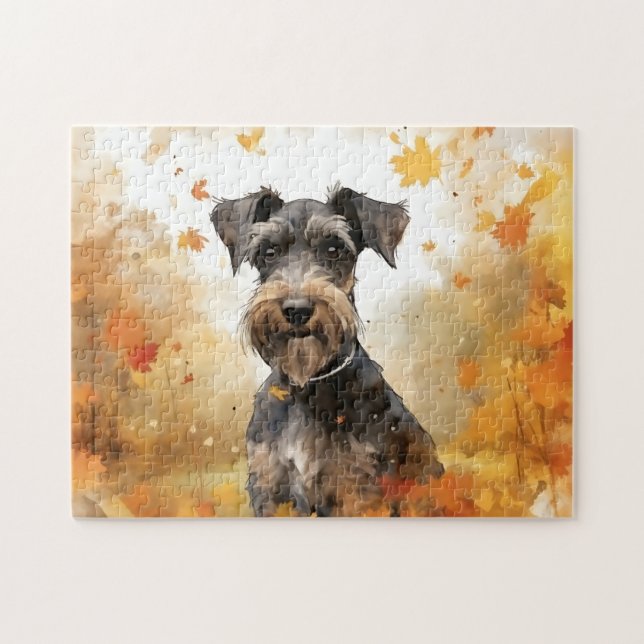 Cute Miniature Schnauzer Dog/Autumn/Fall Jigsaw Puzzle (Horizontal)