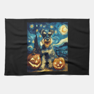 Cute Miniature Schnauzer Dog Halloween Jack O Lant Tea Towel