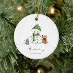 Cute Minimal Baby First Christmas Snowman Ceramic Tree Decoration<br><div class="desc">Adorable first Christmas baby ornament with an exclusive illustration of a cute snowman and some animal friends. Beautiful and unique keepsake. Illustrated and designed by Patricia Alvarez.</div>