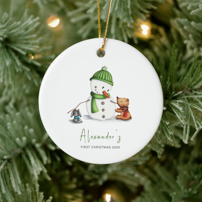 Cute Minimal Baby First Christmas Snowman Ceramic Tree Decoration (Tree)
