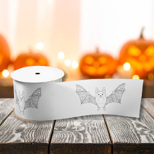 Cute Minimal Bat With Wings Line Art Halloween Satin Ribbon