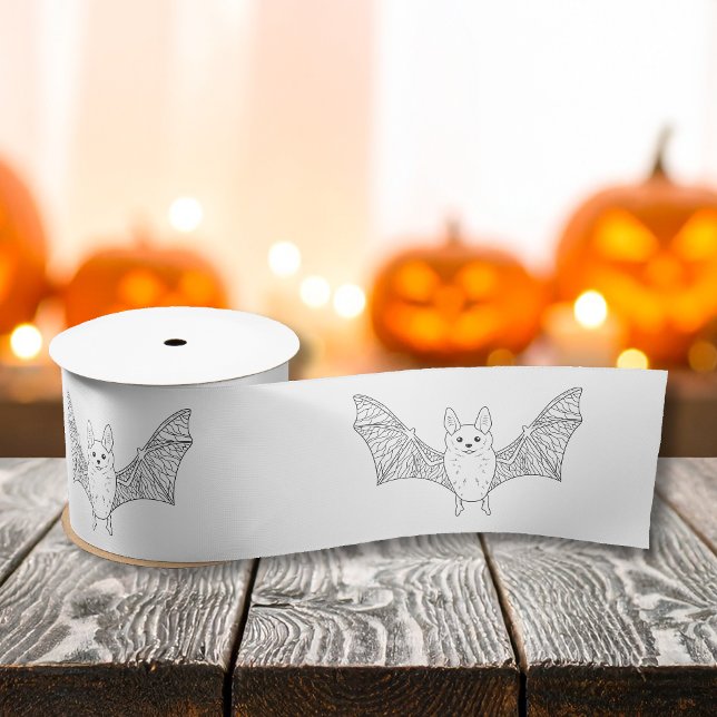 Cute Minimal Bat With Wings Line Art Halloween Satin Ribbon (Creator Uploaded)