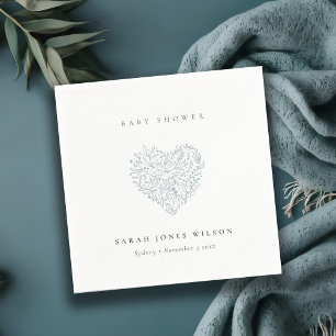 Cute Minimal Dusky Blue Floral Heart Baby Shower Napkin