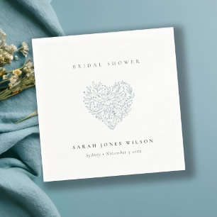 Cute Minimal Dusky Blue Floral Heart Bridal Shower Napkin