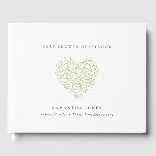 Cute Minimal Dusky Green Floral Heart Baby Shower Guest Book