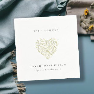 Cute Minimal Dusky Green Floral Heart Baby Shower Napkin