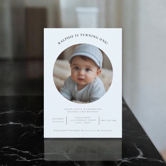 cute minimal photo first birthday pale blue party invitation (modern simple elegant minimal,kids birthday invitation,)