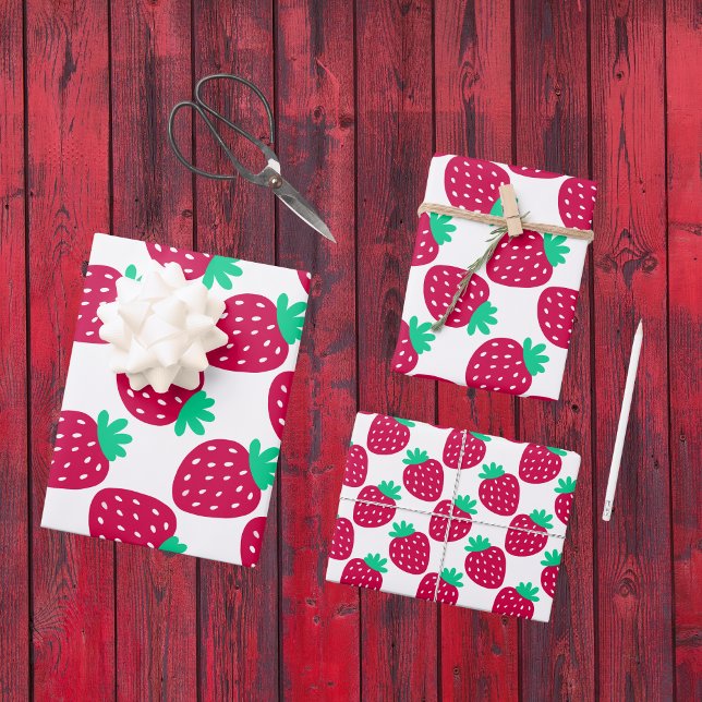 Cute Minimal Strawberry Pattern in Red and Green Wrapping Paper Sheet (Creator Uploaded)