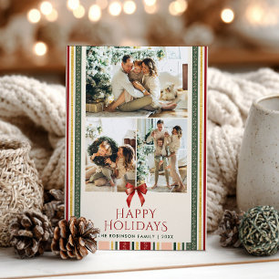 Cute Minimal Stripes & Bow Happy Holidays 2 Photo Holiday Card