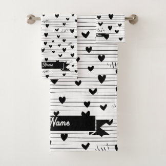 Cute Minimalist Abstract Line Love Black Bath Towel Set