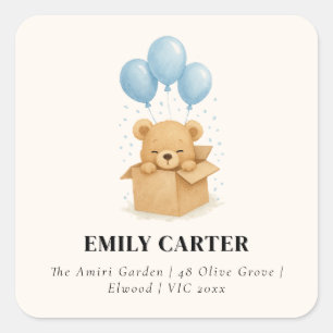 Cute Minimalist Blue Balloon Bear Boy Baby Shower Square Sticker