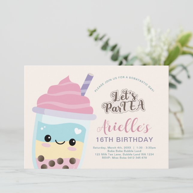 Cute Minimalist Boba Bubble Tea Birthday Invitatio Invitation (Standing Front)